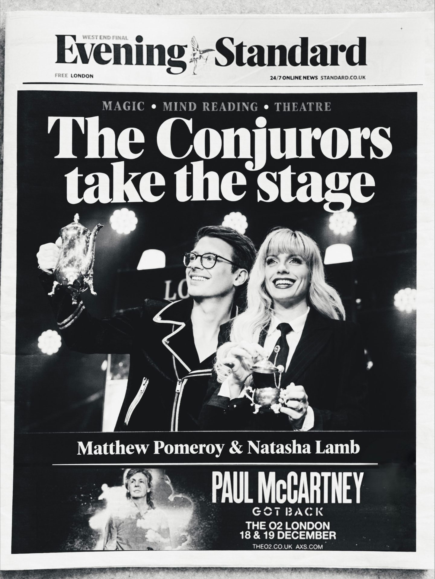 Evening Standard front page, The Conjurors take the stage, Matthew Pomeroy and Natasha Lamb