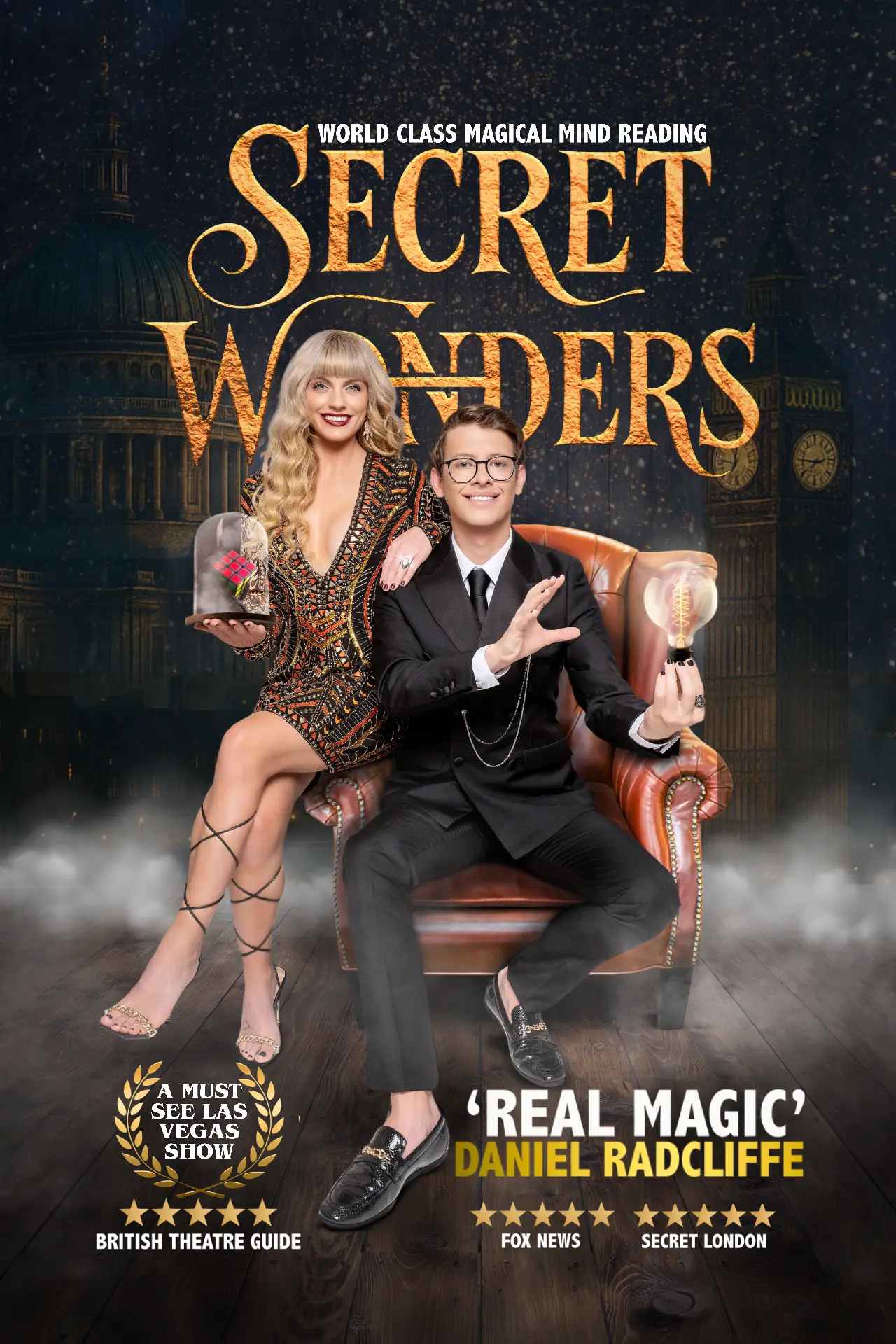 Secret Wonders poster: Matthew Pomeroy seated in a leather armchair holding a glowing bulb beside Natasha Lamb with the glass cloche, above a London skyline