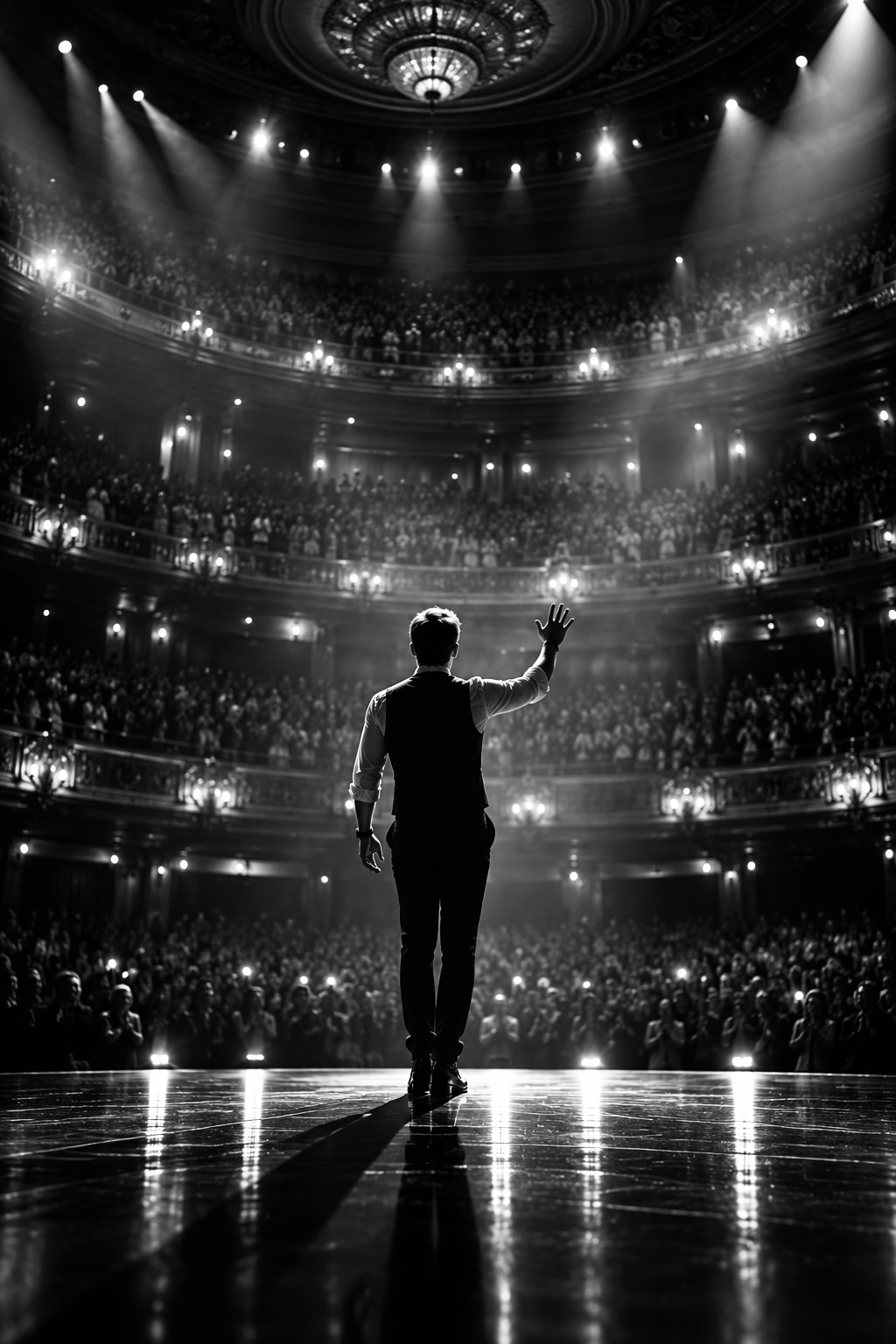 A performer waving to a packed, tiered theatre from the stage
