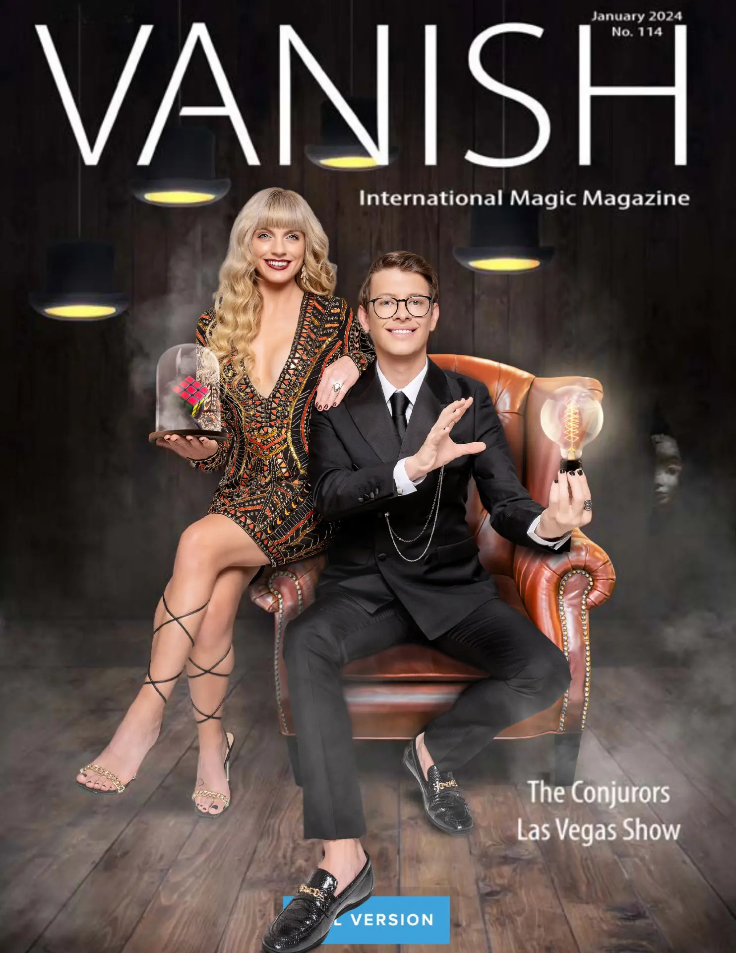 Matthew Pomeroy and Natasha Lamb on the cover of VANISH, International Magic Magazine, January 2024